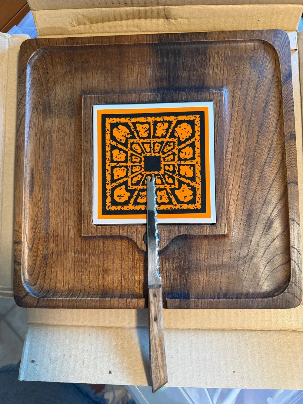 Wood Serving Tray with Decorative Orange Tile